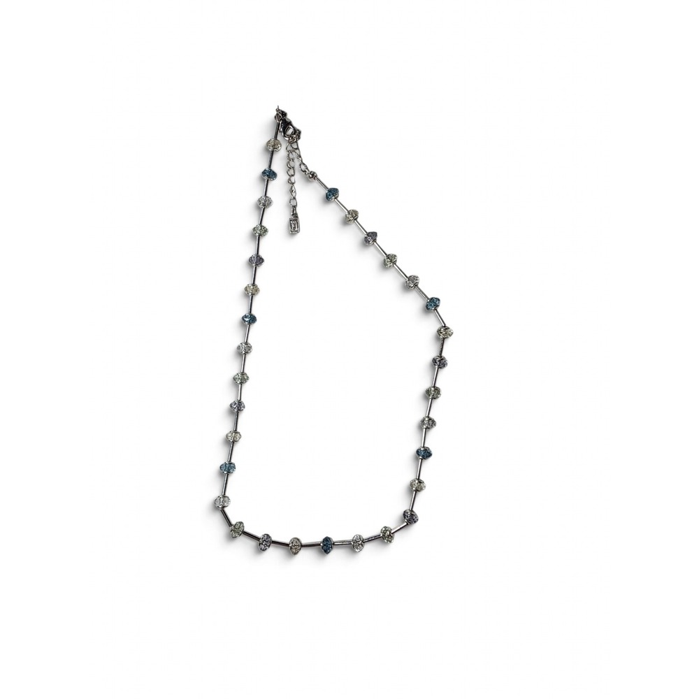Vintage FI Signed Crystal Station Necklace Blue Clear Faceted Bead Bar Links Y2K